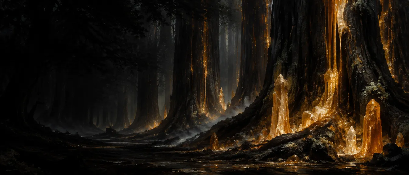Hutan pohon hitam setinggi menara, getah amber mengalir di batangnya dan mengeras jadi pilar bening di tanah